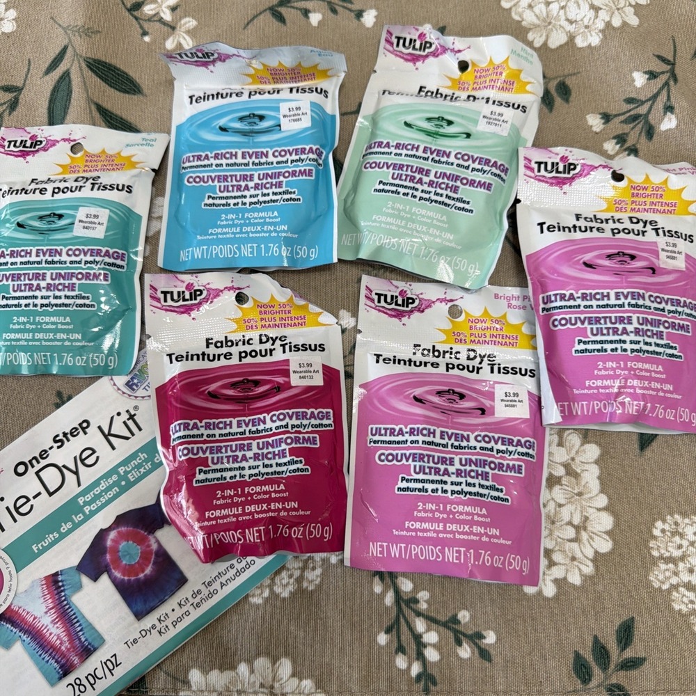 Set 6 Tulip Fabric Dye Powder, Aqua, Teal, Bright Pink, Mint 1.76 Oz